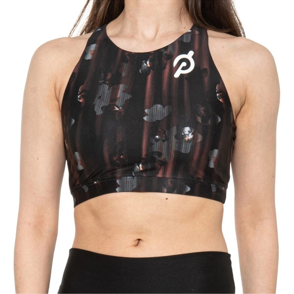 Peloton Show Up Floral High Neck Sports Bra Black Brown Size S